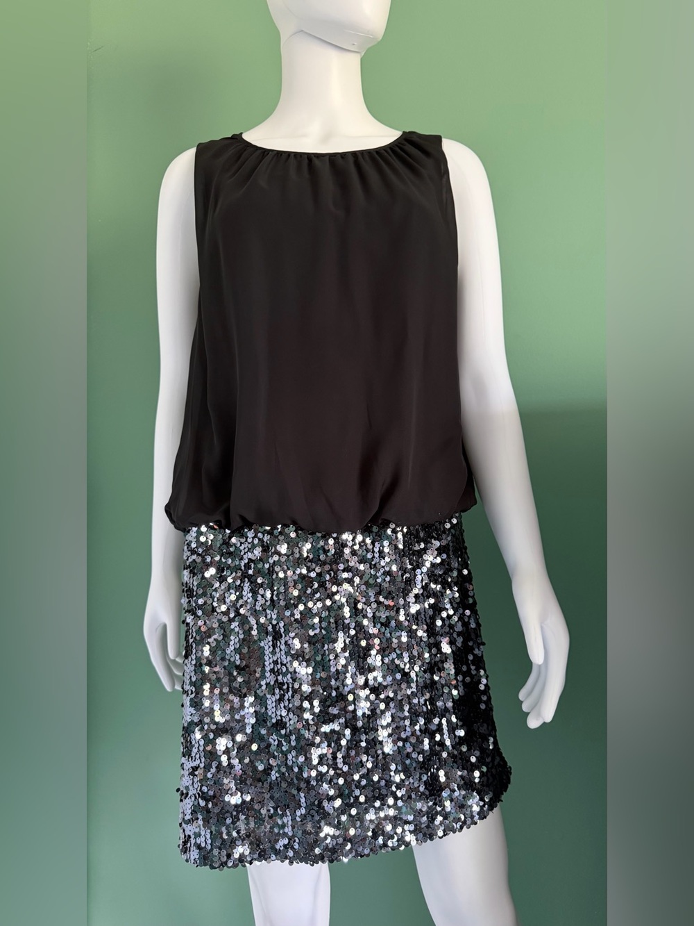 Adrianna Papell Black Chiffon And Sequin Blouson Mini Dress